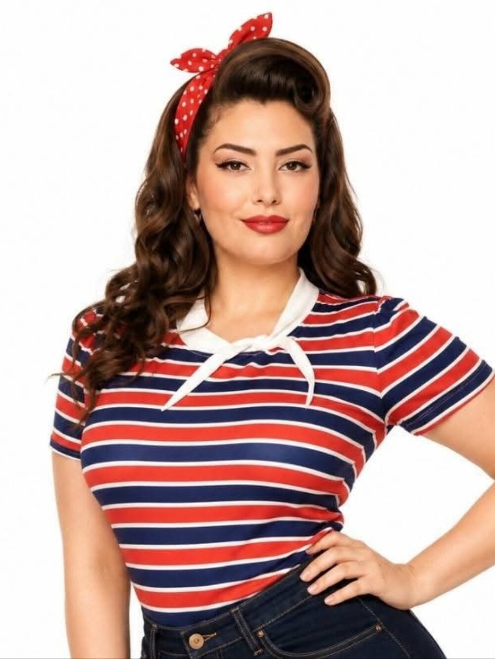 Unique Vintage Red & Navy Striped Tie-Neck Short Sleeve Top